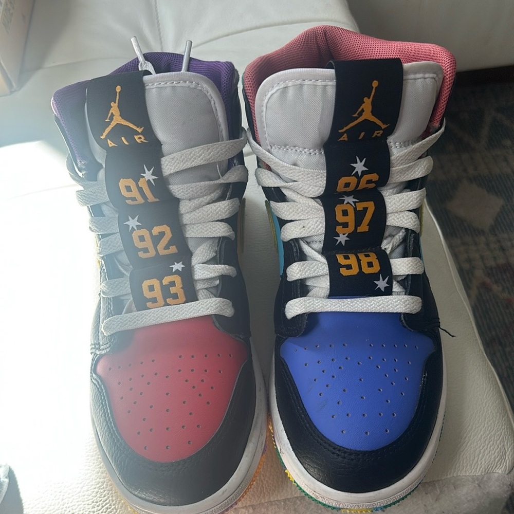 Jordan Red and Blue Sneakers with Asymmetrical Design